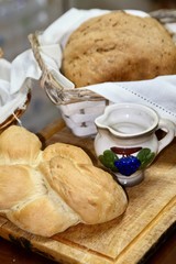 bread in a basket with wine cup from switzerland 