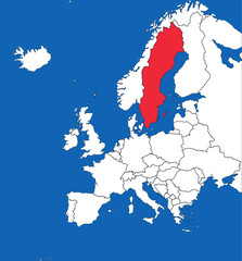 Sweden highlighted on european map. Blue sea background. Perfect for Business concepts, backgrounds, backdrop, sticker, chart, presentation and wallpaper.