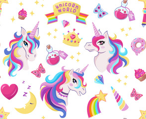 Magic unicorn icon seamless pattern with magic wand, stars with rainbow, diamonds, crown, crescent, heart, butterfly, decor for girl birthday, vector