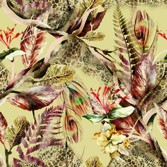 Seamless Pattern of Exotic Flowers. Watercolor Illustration.