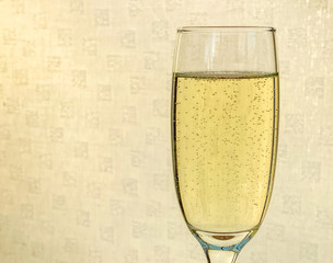 Single flute glass of champagne against a plain background backlit by sunlight