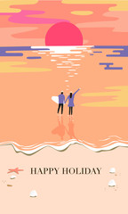 A group of young couples are vacationing on the beach,  surfboards in hand, watching the sunrise over the sea. Set of vector flat design illustrations isolated on colorful background.