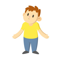 Confused boy standing shrugging his shoulders, cartoon character design. Colorful flat vector illustration, isolated on white background.