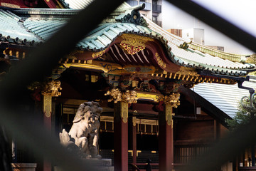 Tokyo, Japan - 9 8 2019: The main shrine building at Nezu shrine from the side