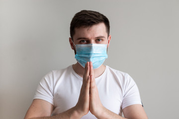 Protection against contagious disease, coronavirus. Man wearing hygienic mask to prevent infection, airborne respiratory illness such as flu, 2019-nCoV. 