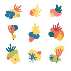 Set of modern abstract decorative elements. Conceptual shapes and spots with decor of naive flowers and leaves. Summer and spring style. Vector
