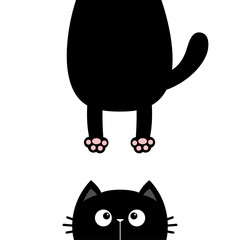 Black cat looking up. Funny face head silhouette. Hanging fat body paw print, tail. Kawaii animal. Baby card. Notebook cover. Cute cartoon character. Pet collection. Flat. Blue background.