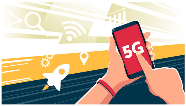 Phone in hands shows internet 5G vector illustration