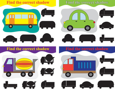 Find shadow of different transport, set of educational games for kids. Vector illustration.