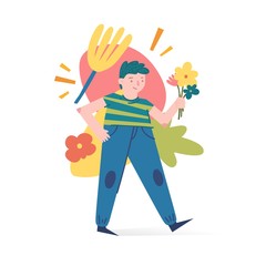 Spring and summer illustration concept with cartoon people characters. Modern background with cute flowers, leaves and abstract shape. Art for banner and t shirt. Vector