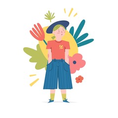 Spring and summer illustration concept with cartoon people characters. Modern background with cute flowers, leaves and abstract shape. Art for banner and t shirt. Vector
