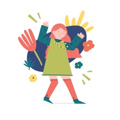 Spring and summer illustration concept with cartoon people characters. Modern background with cute flowers, leaves and abstract shape. Art for banner and t shirt. Vector