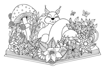 Illustration. Fairytale squirrel came out of the book. Coloring book. Antistress for adults and children. The work was done in manual mode. Black and white.