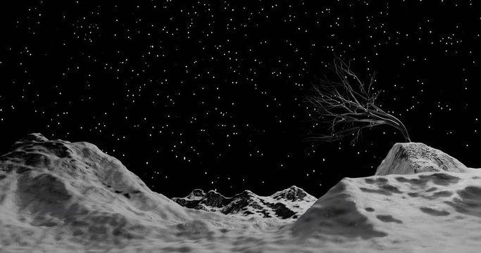 3d render with a tree on the mountains with snow at night