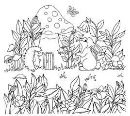 Illustration. Hare and hedgehog walk near the house in a meadow of flowers. Coloring book. Antistress for adults and children. The work was done in manual mode. Black and white. © Маргарита Врублевска