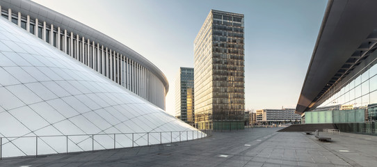 A view on Philharmonie and office buildings in a business district in Luxembourg - obrazy, fototapety, plakaty