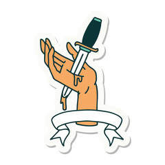 tattoo sticker with banner of a dagger in the hand