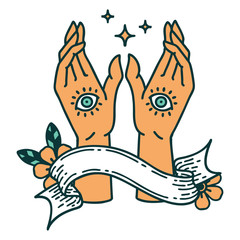 tattoo with banner of mystic hands