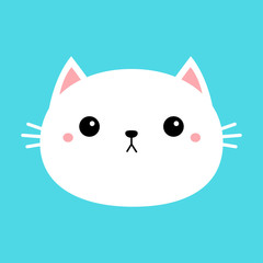 White cat kitten kitty round icon. Cute kawaii cartoon baby character. Funny sad face. Happy Valentines Day. Greeting card tshirt notebook cover print. Blue background. Isolated. Flat design.