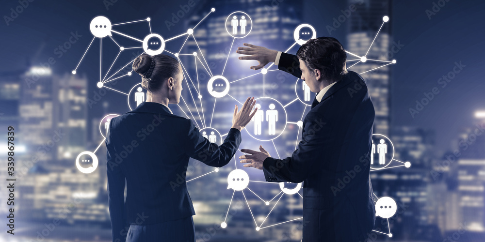 Poster concept of social connection and networking against night city view and partners working in cooperat