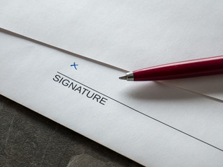 Close-up of a pen and a sheet of paper showing the word SIGNATURE in English