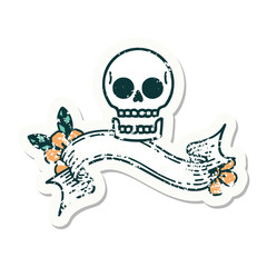 grunge sticker with banner of a skull