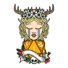crying elf druid character face with natural one D20 dice roll illustration