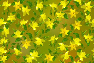 Seamless floral ornament with yellow daffodils on mustard background.