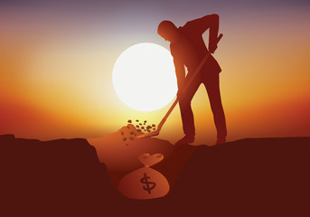 Concept de l’épargne, avec un homme qui enterre un sac rempli de dollars, dans un endroit secret. © pict rider