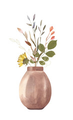 Watercolor flowers - bouquet - in vase. Boho style, soft and bright colors. Real dry flowers - herbarium.