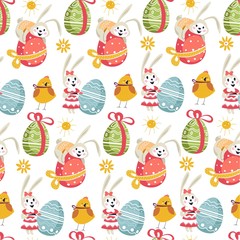 Easter bunny on decorated egg with ribbon seamless pattern