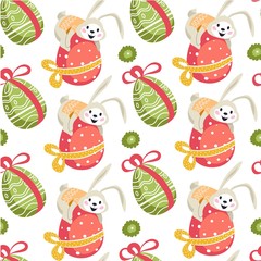 Easter bunny sitting on decorative egg seamless pattern
