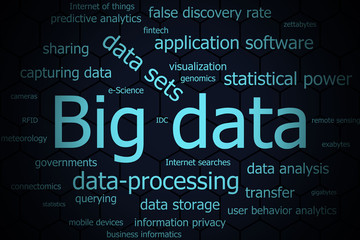 Big Data word cloud for use as background in color dark blue.