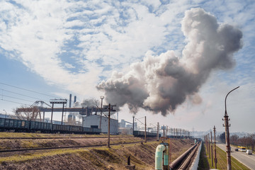 Bad ecology concept. Smoke from the pipes of the factory,  metallurgical production plant full...