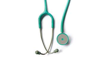 Green Medical stethoscope isolated on white background.The stethoscope is an acoustic medical device for auscultation, or listening to the internal sounds of an animal or human body.
