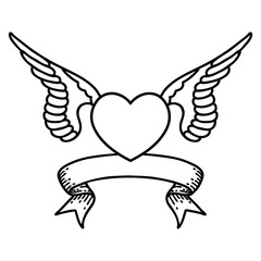 black linework tattoo with banner of a heart with wings