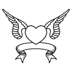 black linework tattoo with banner of a heart with wings
