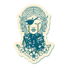 crying elf rogue character face with natural one D20 roll illustration