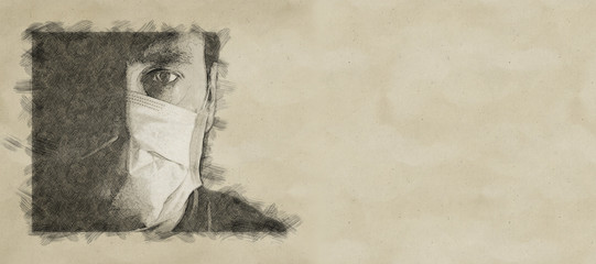 digital sketch portrait of a man in a medical mask in a low key. a worldwide tragedy. COVID-19 virus pandemic warning