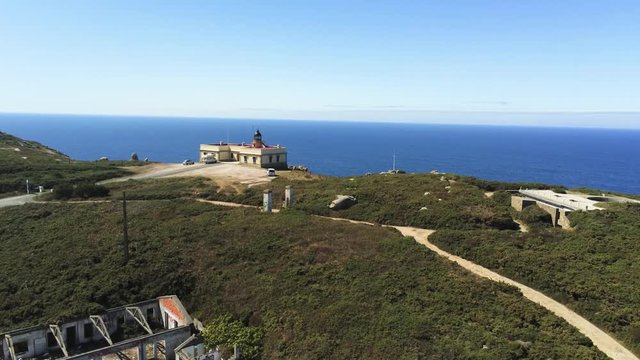Stunning aerial panoramic of lighthouse of Cape Prior located near the chapel of Santa Comba. Galicia,Spain