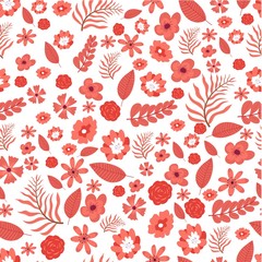 Blooming flowers and foliage, tree leaves seamless pattern