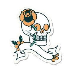 tattoo sticker with banner of a skull and rose