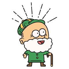 traditional tattoo style happy old man with walking stick