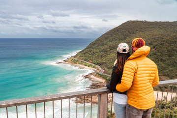 Romantic couple. Coastline beach waves and mountain rocks coastline. turquoise ocean sea, white sand, road trip. Travel, holiday, vacation, journey, paradise. Great Ocean Road. Melbourne Australia