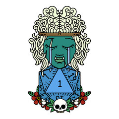 sad orc barbarian character face with natural one d20 roll illustration