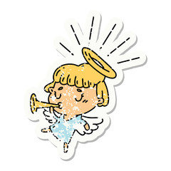grunge sticker of tattoo style angel blowing trumpet