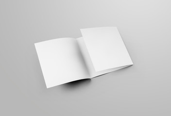 Mockup of half-open empty square trifold, business booklet, front view, isolated on background.