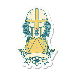 crying human fighter with natural one D20 dice sticker