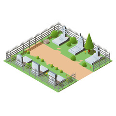 Isometric cemetery concept with granite graves, crosses and tombstones. 3d vector illustration of graveyard and tomb, isolated on white background. Outdoor burial place of the dead.