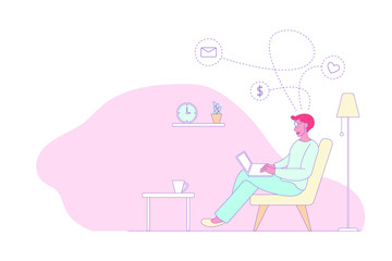 Young man working at home, he is sitting on the sofa at home in living room and using computer notebook for sent email.